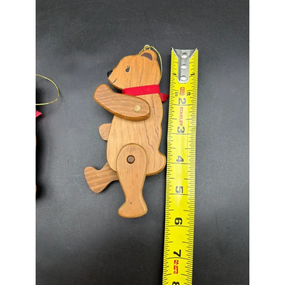 Vintage 1980s Jointed Wooden Teddy Bear Ornaments Set 2 Taiwan 5.5” Poseable